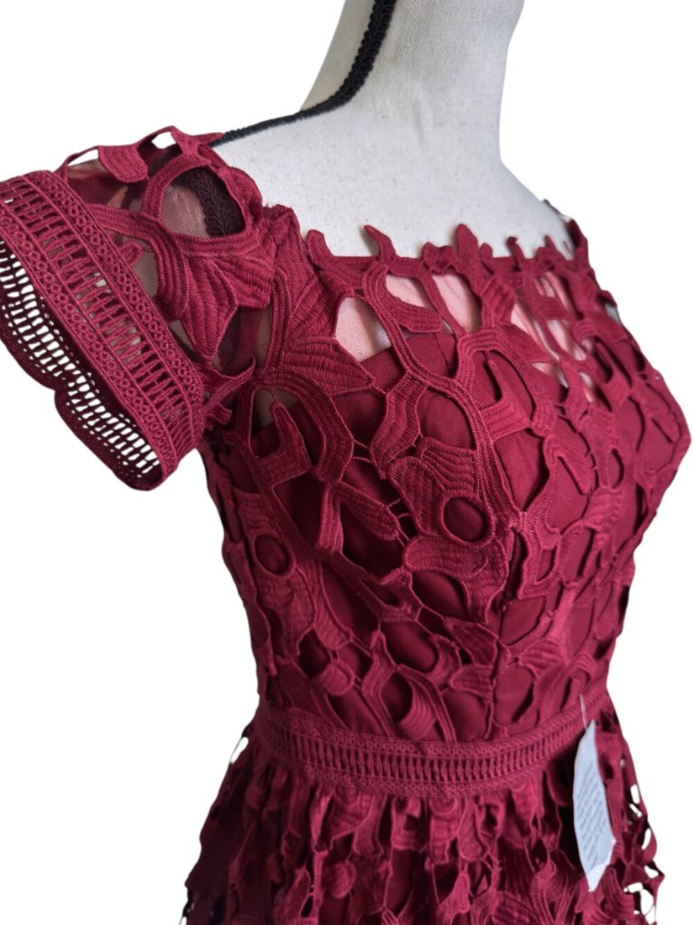 Chi Chi London Burgundy Lace Floral Midi Dress Off Shoulder Design Womens Size 6 - Picture 7 of 11